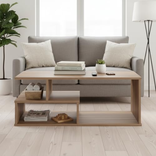 Image of FURNEASER Witely Coffee Table Modern Centre Table with Storage Shelves, Teapoy, Centerpiece Tea & Coffee Table for Living Room, Engineered Wood, Matte Finish, Exotic Teak, 90x45x36 cm