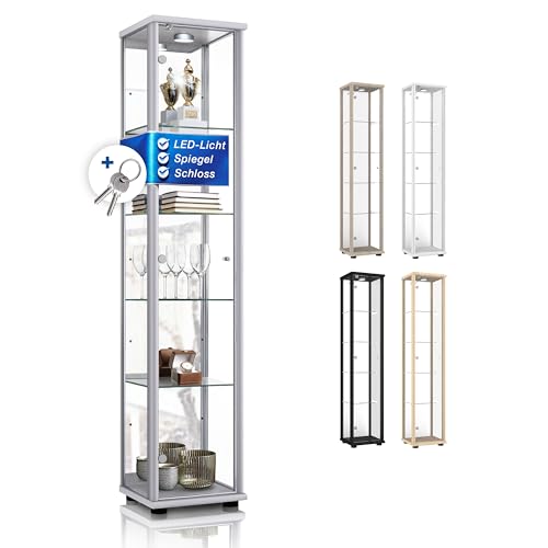 K-Möbel Sammlervitrine (176x37x33cm) - Made in Germany - Vitrinenschrank Silber/Alu mit 4...