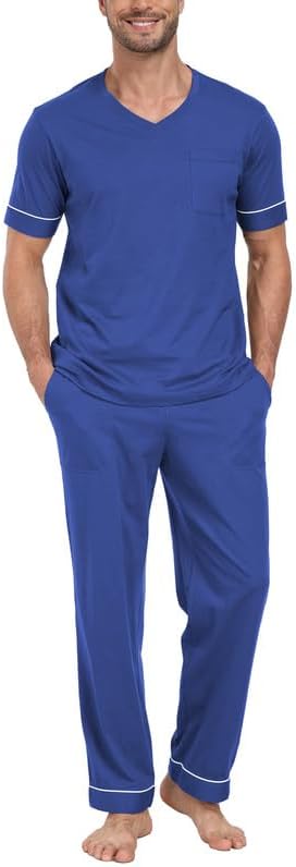 CF Mens 100% Cotton Pajamas Set Soft V-Neck Loungewear