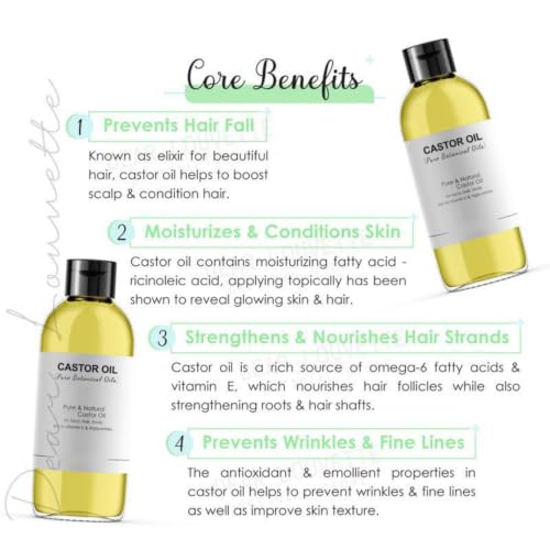 Image of Pure Castor Oil Natural - Cold Pressed, Hexane Free, Vegan, for Hair Growth, Skin Moisturizer, Eyebrows, Eyelashes, Nails & Scalp Massage, Lightweight Non-Greasy Daily Care, 3.72 fl oz