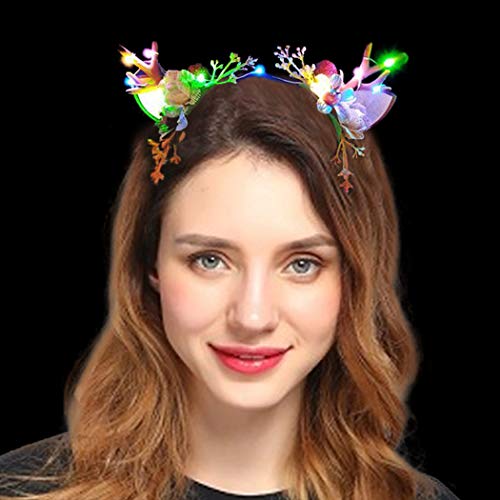 O3 Jeweky Christmas Led Glowing Headband Antler Headdress Reindeer Glow Headpiece Animal Costume Flash Hair Band Light Up Hair Hoop Party Masquerade For Women (Pattern 1-Colorful) #TOP1