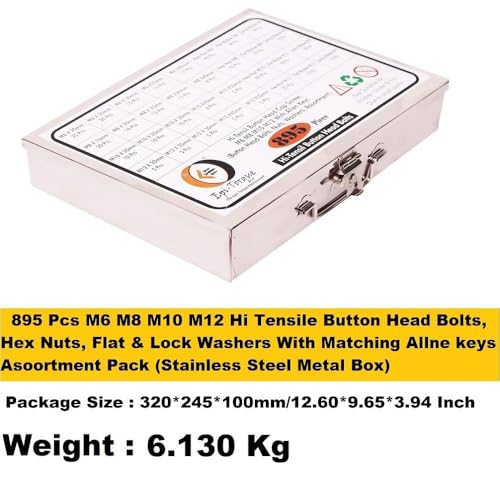 Image of High Tensile Button Head Bolts Dia M6 M8 M10 M12 Assorted Lengths 20MM-50MM Pack of 895 Pcs Metal Box Assortment