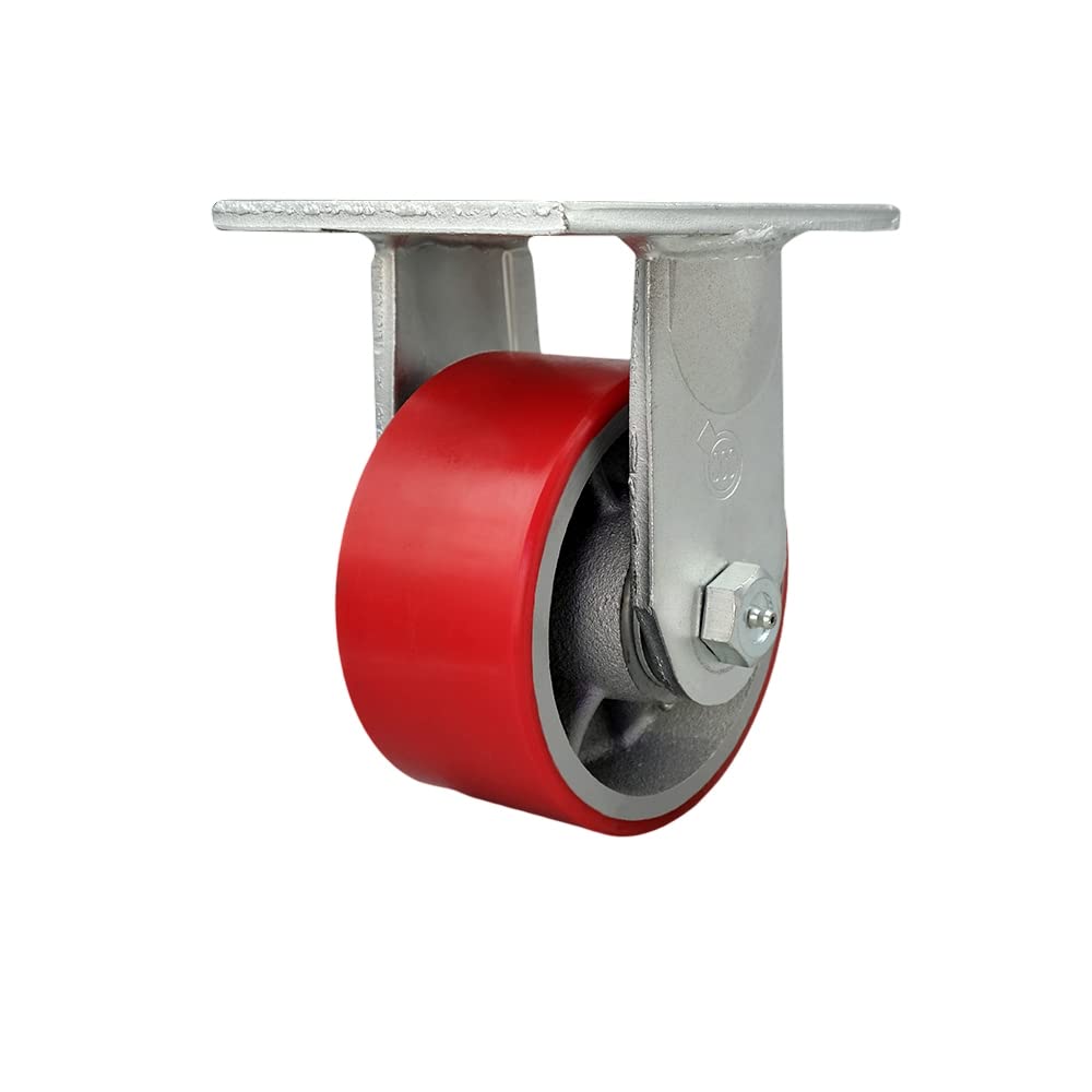 6 Inch Rigid Top Plate Extra Heavy Duty Caster with Red Polyurethane on Cast Iron Wheel - Heavy Duty Caster Wheel - Industrial Caster - 2,000 lbs. Capacity/Caster - Service Caster Brand