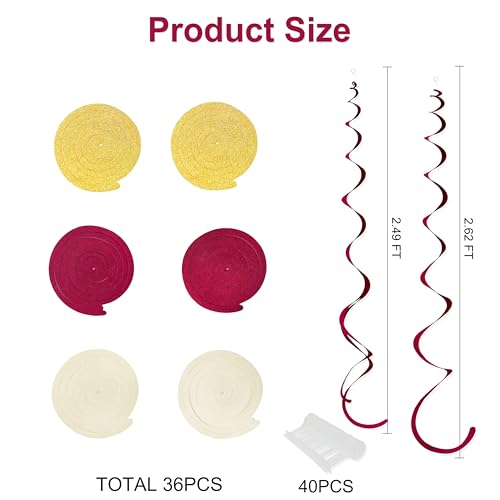 Image of 36 Pcs Maroon Gold Hanging Swirl Decorations Glitter Gold Burgundy Beige Felt Swirl Streamer Spiral Ceiling Garland for Birthday Graduation Wedding Shower Retirement Anniversary Garnet Party