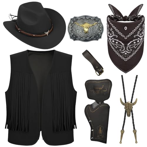 7 peças Cowboy Fancy Dress acessórios para homem, disfarce de cowboy ocidental com chapéu, colete de borla, paisley, bandana, bolo, fivela ocidental, cinto Holster para carnaval, Fancing