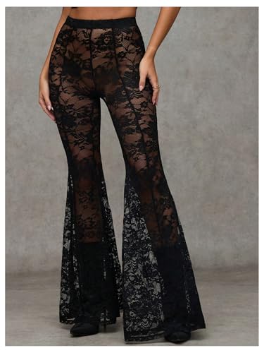 Verdusa Women's Sheer Lace High Waist Flared Leg Pants Bell Bottom Lightweight Summer Outfit3