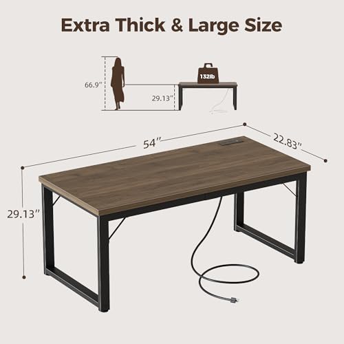 Image of 54 Inch Computer Desk with Power Outlets, 1.2 inch Thick Office Table | Modern Simple Style, Heavy Duty Industrial Frame, Study & Writing Table for Home Bedroom Work, Walnut