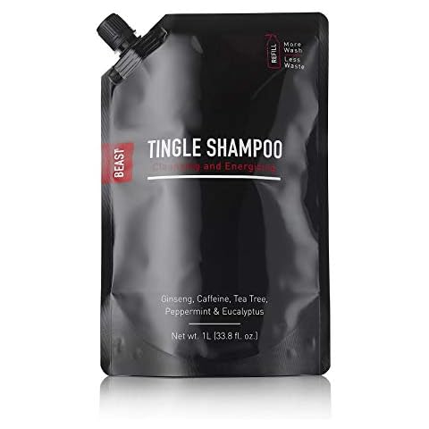 Beast Tingle Shampoo Refill - Cleansing & Energizing, Ginseng Caffeine Tea Tree Peppermint Eucalyptus Oils - 1-liter 33.8 fl oz size Cover