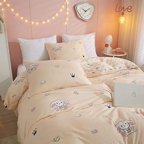 Kawaii Bedding Set Twin Cute Bunny Printed Duvet Cover Twin Preppy Aesthetic Cotton Shabby Chic Girls Kids Soft Pink Animal Rabbit Pattern Bedding Duvet Cover Set With 2 Pillow Shams, No Duvet #TOP2