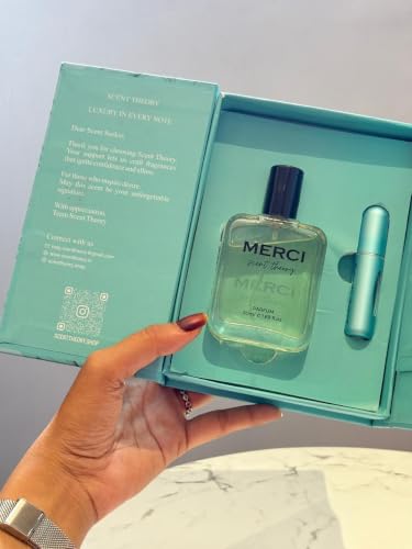 Image of Scent Theory Merci Eau de Parfum 50ml | Fresh Citrus Oceanic Fragrance with Travel Atomizer | Unisex Perfume Gift Set | Long Lasting Floral Scent