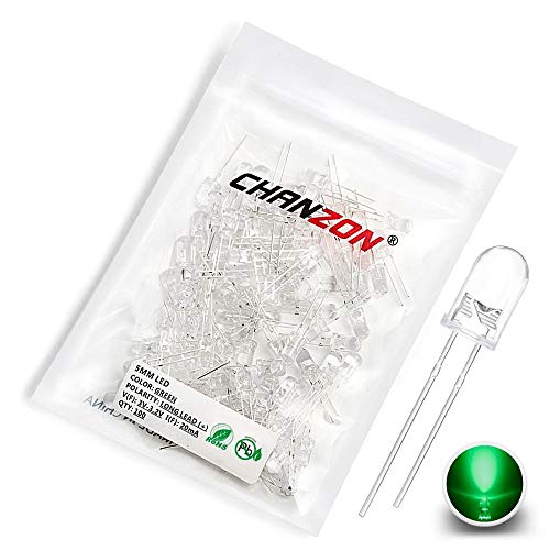 CHANZON 100 pcs 5mm Green LED Diode Lights (Clear Round Transparent DC 3V 20mA) Bright Lighting Bulb Lamps Electronics Components Indicator Light Emitting Diodes