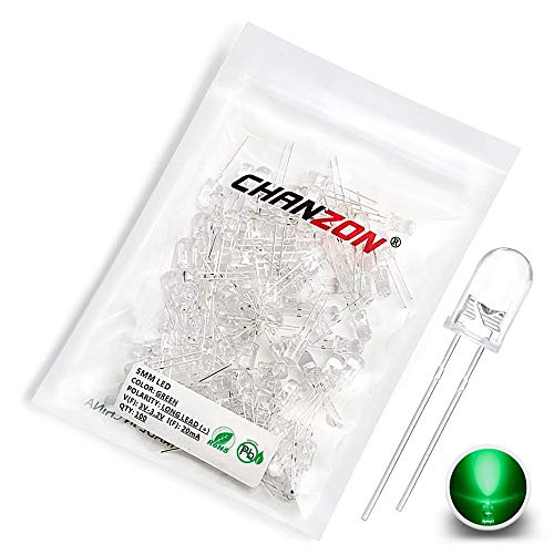 Chanzon 100 pcs 5mm Green LED Diode Lights (Clear Round Transparent DC 3V 20mA) Bright Lighting Bulb Lamps Electronics Components Indicator Light Emitting Diodes