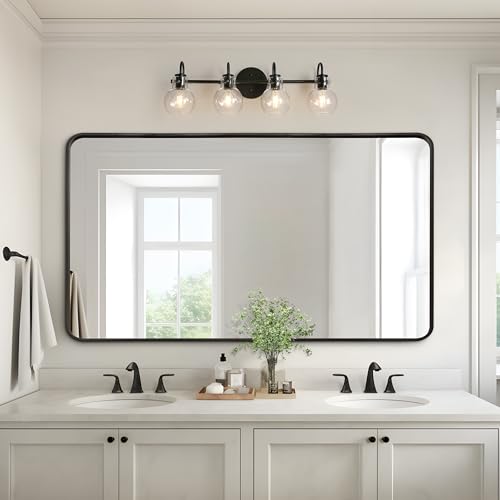 Image of KSANA Black Bathroom Light Fixtures, 4-Light Modern Farmhouse Black Vanity Lights with Clear Glass Shade Over Mirror for Hallway, Kitchen, Bedroom, and Living Room
