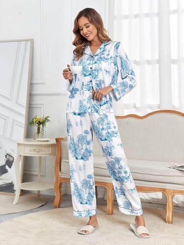 Image of Brosloth Women's Silk Satin Pajamas Pjs Sets Cute Lace Pattern Two Piece Loungewear Set Button Up Pajamas Sleepwear Black