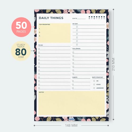 Image of SOLO 80 GSM A5 Daily Planner with 50 Undated Tear-Off Sheets, Organiser to Track Productivity, To-Do List & Schedule Your Day, Goals & Budget Tracker, Ideal for Office, Home & School (Pack of 2)