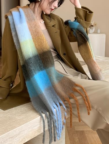 Wander Agio Winter Women Warm Scarf Long Shawl Large Scarves Cold Weather Thick Blanket Scarfs Colorful Plaid Green Cyan Black 32 - Thumbnail 3