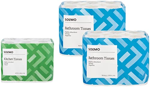 Image of Amazon Brand - Solimo 3 Ply Toilet Paper Tissue Roll - 160 Pulls Per Roll - Pack of 24 Rolls & 2 Ply Kitchen Tissue /Towel Paper Roll - 6 Rolls (60 Pulls Per Roll)