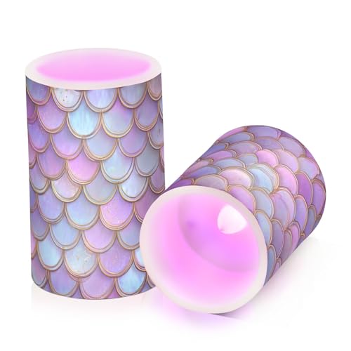 Image of Vdsrup Flameless Candles Set of 2 Purple Teal LED Candles with Timer Battery Operated Mermaid Scale Candle Lights Flickering with Remote for Home Bedroom Decor
