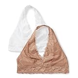 Amazon Essentials Women's Stretch Galloon Lace Halter Bralette, Pack of 2, Washed Bronze/White, L