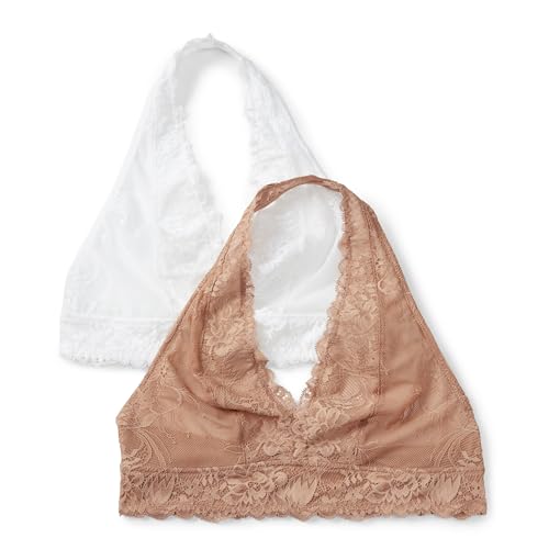 Amazon Essentials Womens Non-Padded Wireless Deep V-Neck Halter Bralette Soft Stretch Lace Pack of 2 White / Washed Bronze Medium