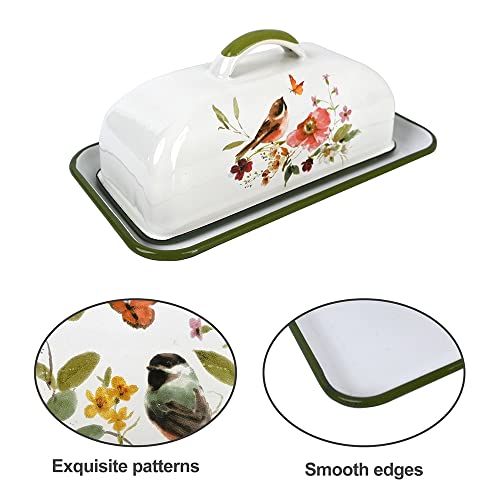 Enamel Butter Dish with Lid Vintage Enamelware Butter Keeper with Flower and Bird Patterns Farmhouse Butter Container Butter holder for Countertop Kitchen Decor