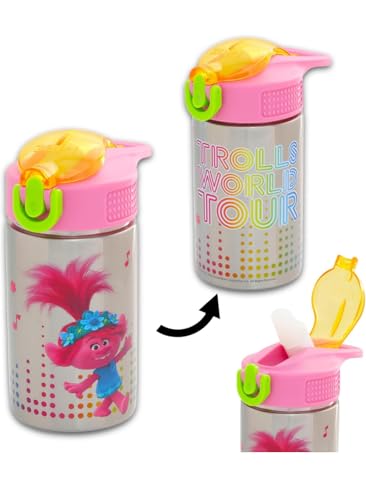 Image of Zak Designs Trolls 2 -Stainless Steel Water Bottle with One Hand Operation Action Lid and Built-in Carrying Loop, Kids Water Bottle with Straw Spout is Perfect for Kids (15.5 oz, 18 /8, BPA-Free)