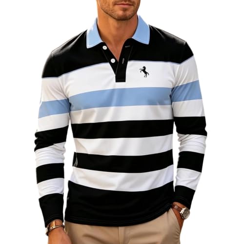 Stylish Mens Long Sleeve Striped Polo Shirt Trendy Collared Pullover