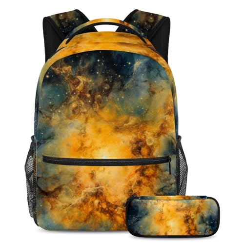 Sac à dos école galaxie jaune avec trousse à crayons pour fille et garçon