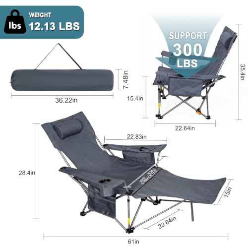 Image of Romswi 2Pack 4-Position Reclining Camping Chair with Removable Footrest, 2-in-1 Adjustable Portable Lounge Chair with Cooler Bag, Cup Holder, Side Pockets & Carry Bag for Outdoor, Grey
