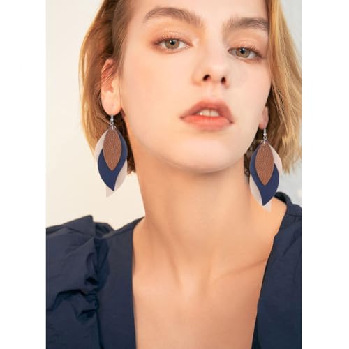 ANXIN boho unique Leather Earrings 2 Layered Lightweight Faux Leather Leaf Earrings Layered Design Drop Earrings Gift for Women (Style B) by SUANTIANMG - Image 3