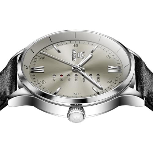 OLEVS Watches for Men Black Leather Grey Large Face Men's Watch Analog Quartz Wrist Watches for Men with Day Date Fashion Watches Waterproof Luminous Classic Analog Watch Montres Pour Hommes by OLEVS - Image 7