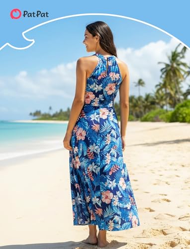 Image of PATPAT Family Hawaiian Matching Outfits - Mommy and Me Vacation Outfits | Halter Sundresses and Button Down Shirts,Caribbean Vacation Summer Tropical Outfits,Hawaiian Boho Tropical Floral Printed