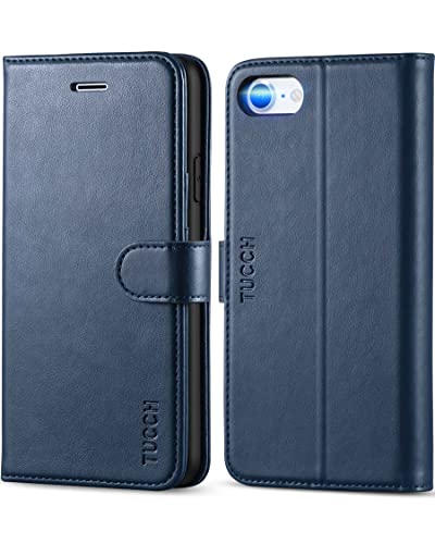TUCCH Wallet Case for iPhone SE 2022/SE2, iPhone 8/7, PU Leather Credit Card Holder [TPU Interior Protective Case] Stand Folio Flip Cover Compatible with iPhone SE 3/SE 2/8/7, Dark Blue