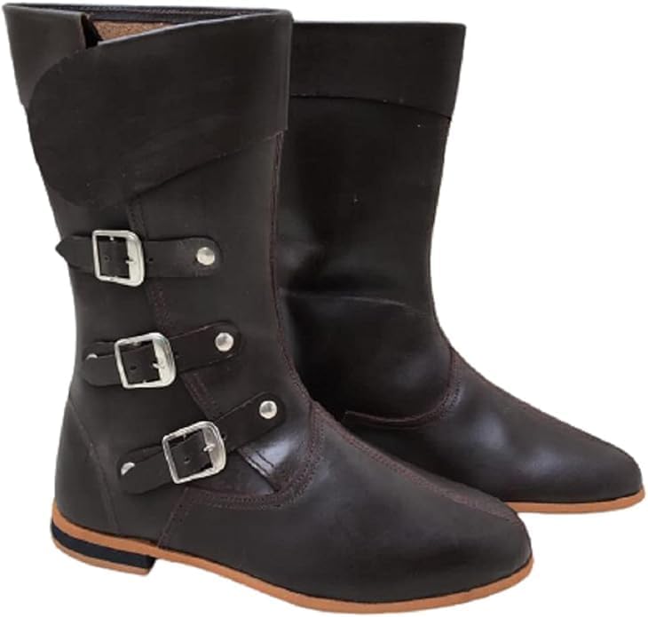 Generic Medieval Leather Boots 3 Buckle | Renaissance Inspired Loafer Boot| Halloween Pirate Captain Boot| Re-Enactment Viking Mens Shoes| SCA LARP Riding Costume Boot for Cosplay SIZE 9, As Show