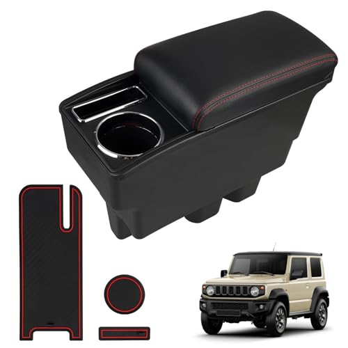 Dexepe Consoles Armrest Compatible with Suzuki Jimny JB64W JB74W 2018-2024 Center Console Box Armrest Box Cup Holder Black with Red Stitching Jimny Accessories