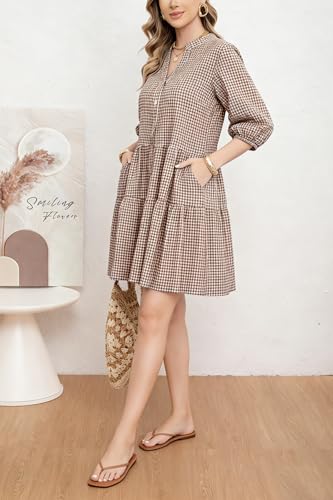 Image of utcoco Women's 2026 Spring Summer Plaid Shirt Dress 3 /4 Puff Sleeve Button Down Loose Casual Midi Dress with Pockets