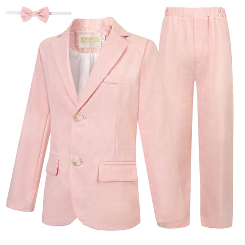 Image of LOLANTA Boys Suit Wedding Ring Bearer Outfit Kids Formal Wear Dress Clothes | Boy 3-Piece Plaid Suits, Sport Coat Blazer and Pants Set with Adjustable Bow Tie, Gentleman Birthday Party Graduation Outfits