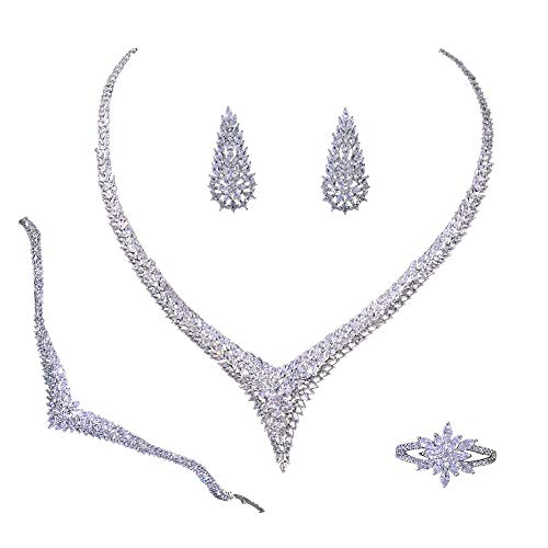 Jorsnovs 4PCS Arabic Dubai Indian Jewelry Set for Women Bride Cubic Zirconia Pageant Necklace Dangle Earrings Bracelet Open Ring Set Bridal Jewelry for Wedding Prom Evening Wear Anniversary Birthday Engagement Valentine's Day Gifts for Her