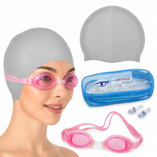 Image of GLAN Swimming Kit with UV Protection and Anti Fog Swimming Goggles and Cap Set Ideal for All Age Group Pack of 1 (Grey Pink)