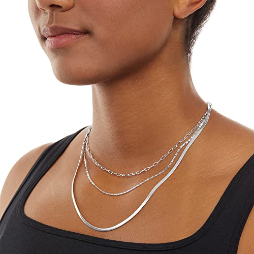 Amazon Essentials Sterling Silver Plated Paperclip, Station And Herringbone Chain 3 Row Layered Necklace 16" 18" 20", Sterling Silver #TOP1