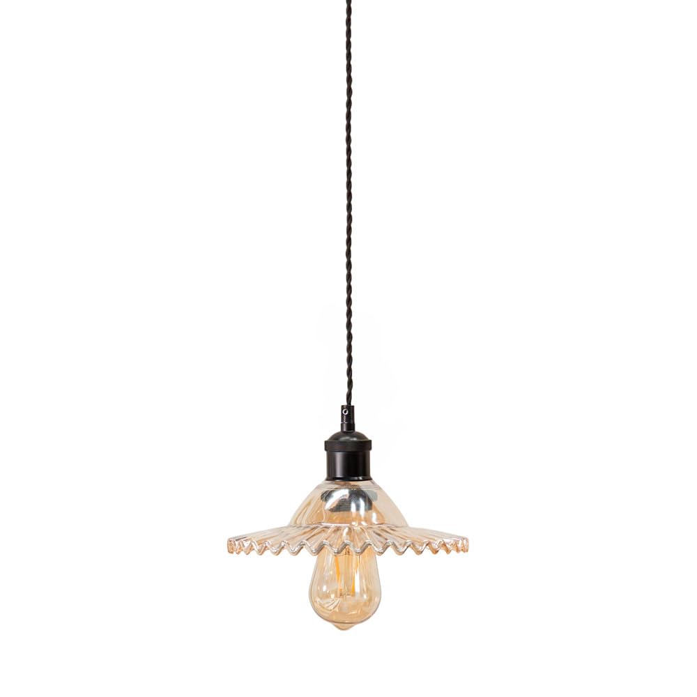 ValueLights | Black Hanging Ceiling Pendant Light Fitting with Amber Frilled Glass Lampshade | Pendant Lights, Home Décor & Improvement Essential | Includes Bulb | 21.5cm Shade Width | Mains Wired