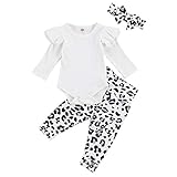Geagodelia Babykleidung Set Baby Mädchen Kleidung Outfit Langarm Body Strampler + Leopard Hose + Stirnband Neugeborene Weiche Babyset T-48272 (Weiß, 0-3 Monate)