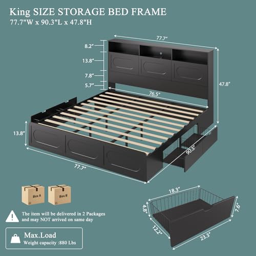 Image of 3 Pieces Bedroom Set, King Size Bed Frame with Storage Headboard, 2 Nightstands with Charging Station, Black