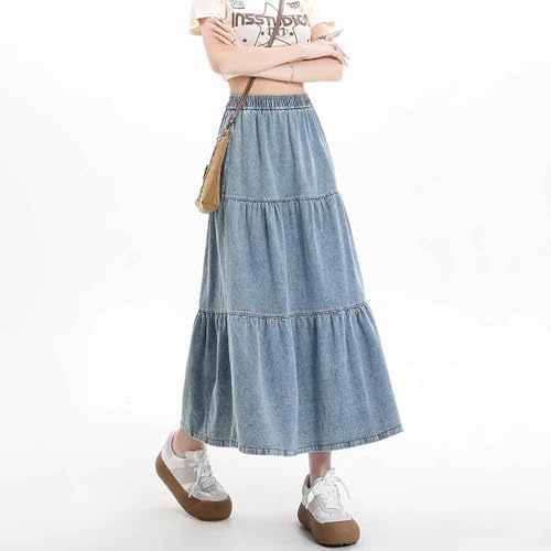 Women's casual denim long skirt with elastic waist A-line skirt, fashionable loose fitting long skirt3