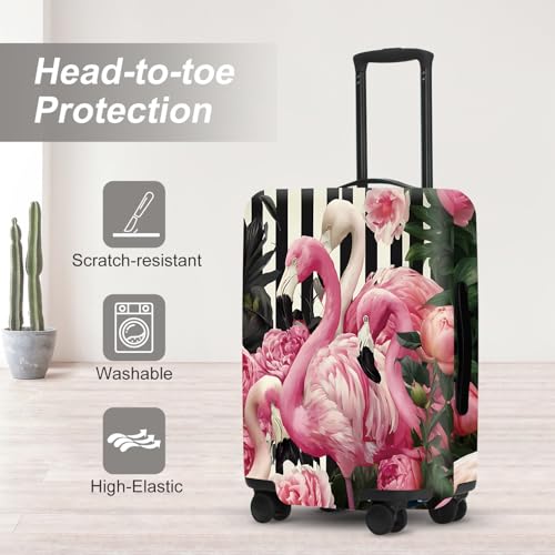 Image of Flamingo Blossom Luggage Cover, Washable Suitcase Protector with Pink Peony Background Anti-scratch for 24 inch,26 inch Bag