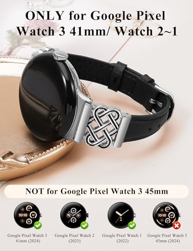 Image of TOYOUTHS Slim Leather Band Compatible with Google Pixel Watch 4 3 41mm /Pixel Watch 2 1 Band Women, Celtic Metal Dressy Thin Fashion Designer Premium Leather Strap for Google 4 3 2 1 Smartwatch