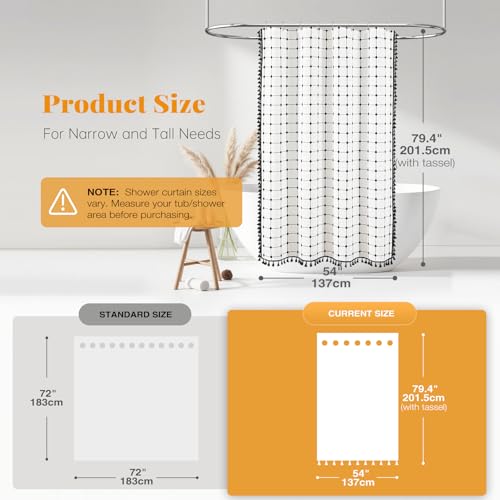 Image of BTTN Stall Fabric Shower Curtain - 54x78 Inch Boho Linen Heavy Duty Tassel Shower Curtain Set with 10 Hooks, Narrow Rustic Modern Farmhouse Neutral Cloth Shower Curtains for Bathroom - White and Black