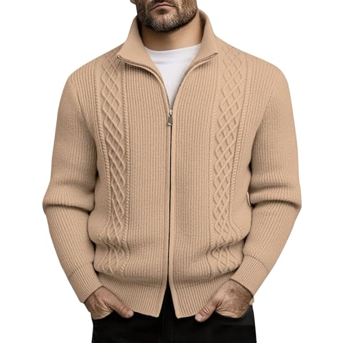 Shunking Mens Cable Knit Sweater Casual Solid Shirts Long Sleeve Collared Tops Fashion Fall Sweatshirts Men Zip Up Sweatshirt (Khaki, M)