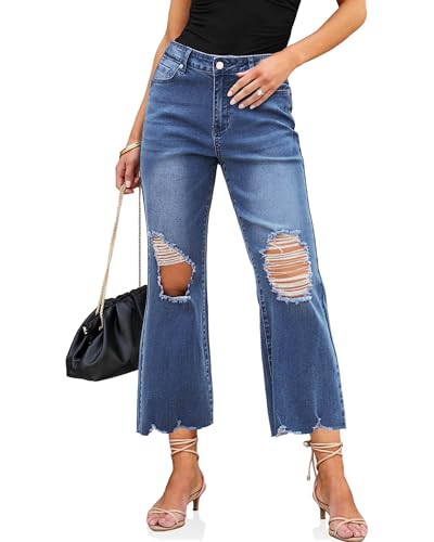 luvamia Wide Leg Jeans for Women Trendy High Waisted Flare Ripped Cropped Jeans Stretchy Distressed Denim Pants Raw Hem