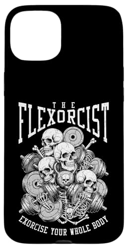 Flexorcist 面白い ジム ハロウィン 頭蓋骨 骨 フィットネス リフター スマホケース iPhone 15 Plus 用